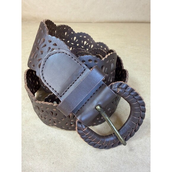 J. Jill Leaf Punch Design Wide Brown Leather Belt Hip or Waist Hippie Boho Sz M main image 6